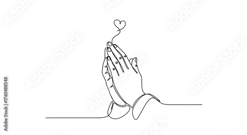 Continuous line drawing of praying hands with heart for hope and faith concept