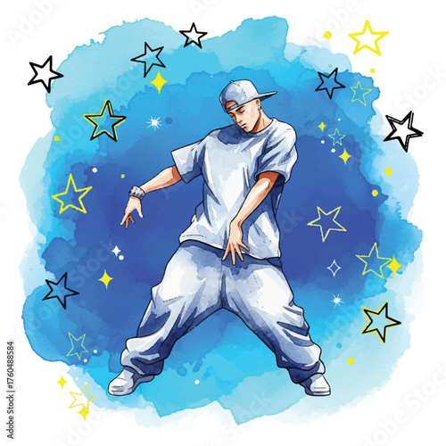 A young man in baggy white clothing dances hip-hop style against a blue watercolor background with scattered yellow and black stars.