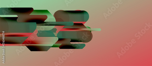 Abstract shapes overlap, creating layered effect. Colors blendreds, greens, pale orange. Background transitions from light to dark.