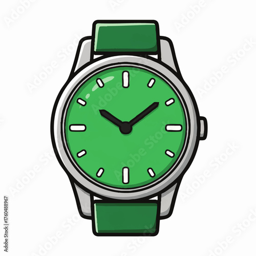 A simple cartoon style illustration of a classic wrist watch with a green strap and face.