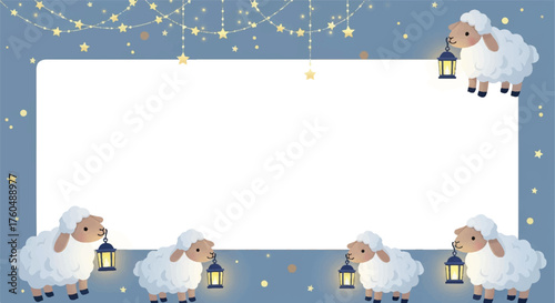 Illustration of a festive frame with sheep holding lanterns, adorned with stars and string lights on a blue background, surrounding a white rectangular space.