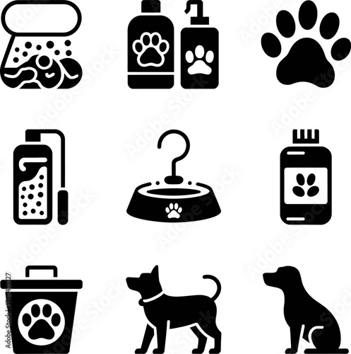 A collection of black glyph icons representing various aspects of dog care and pet supplies.