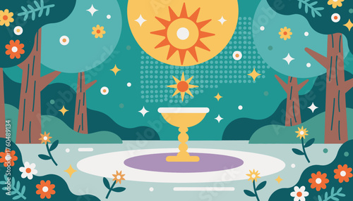 Sunlit fountain surrounded by trees and flowers in a park  