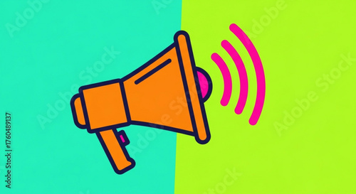 An orange megaphone with sound waves against a vibrant split background, ideal for announcements and promotional content creation