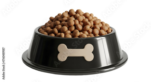 A bowl full of dog food with bone decoration on transparent background, png