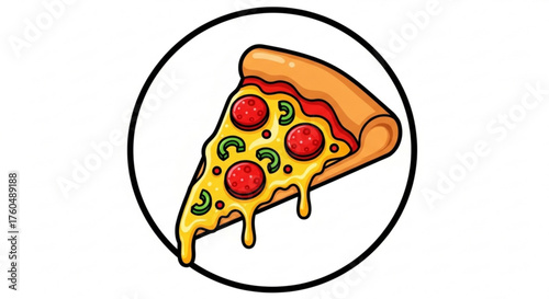 Pizza slice cartoon illustration of a pizza slice with pepperoni and green pepper toppings