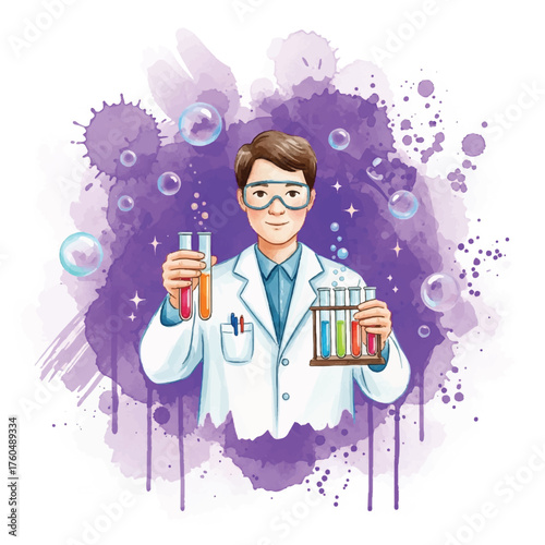 Illustration of a scientist holding test tubes with colorful liquids, wearing safety goggles and a lab coat, against a purple watercolor background with bubbles.