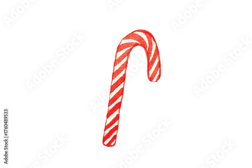Watercolor illustration of a red and white candy cane isolated on transparent background, perfect for holiday and christmas designs