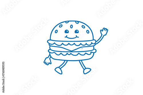 Cartoonish blue burger character waves hello and cheerfully walks on a white background