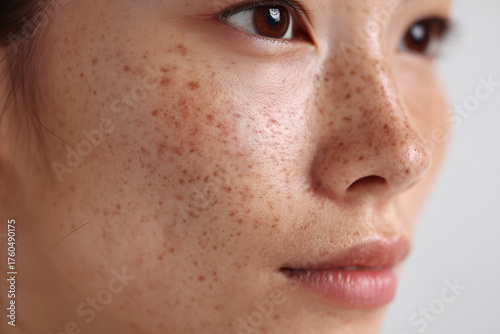Close up of woman bare face. Beauty and skincare portrait for essential beauty, beauty treatments, spa, facial or hair care cosmetics advertising. Soft flawless skin