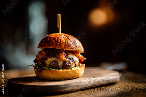 Photography of homemade tasty burger. Photo of juicy burger. Delicious fresh American food. Fat unhealthy food close-up.