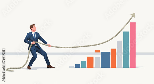 Businessman pulling a rope to lift a growing financial bar chart graph.