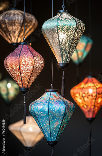 Beautiful lights decoration in traditional style made from natural equipment, lighting garden home or event decor. Chinese colored lanterns