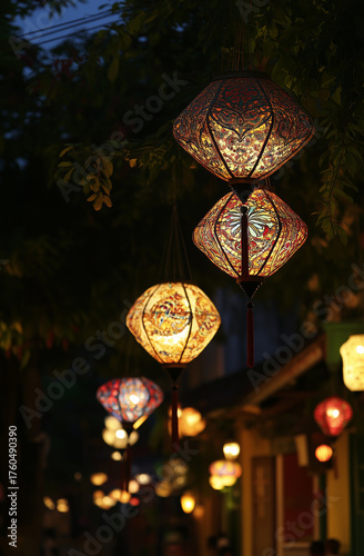 Beautiful lights decoration in traditional style made from natural equipment, lighting garden home or event decor. Chinese colored lanterns
