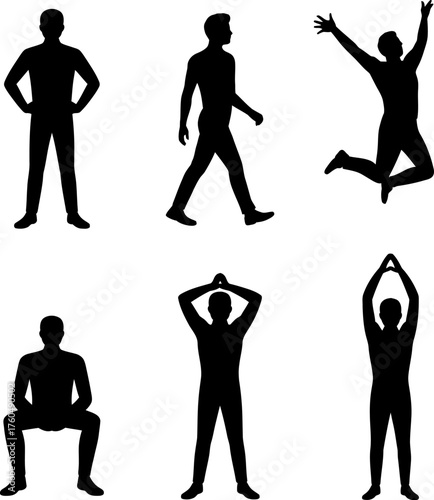 Silhouettes of people in various poses, including standing, walking, jumping, and stretching.