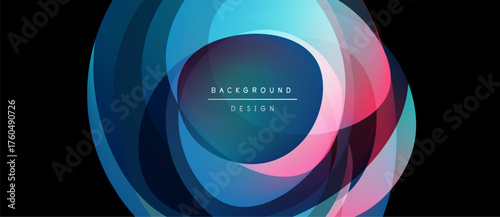 Abstract flowing layers create dynamic visual effect. Blue, pink, teal hues blend, forming circular design. Text reads background design.