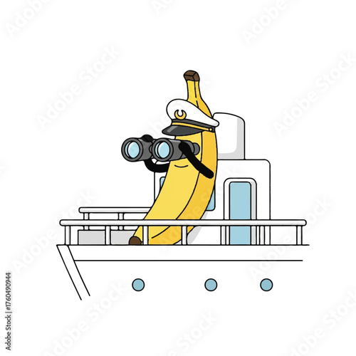 A cartoon banana character wearing a captain's hat uses binoculars while standing on the deck of a white ship.