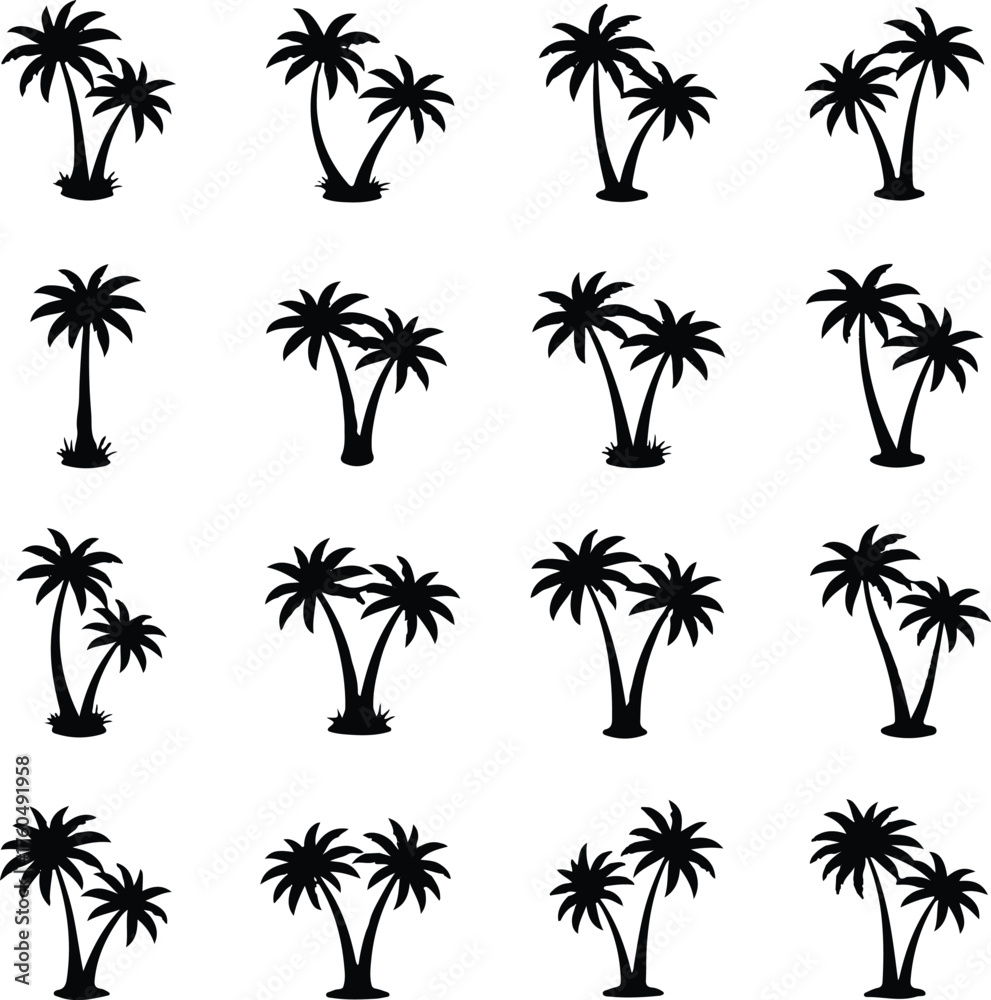 Obraz premium Black tropical palm tree silhouette vector set illustration of nature elements