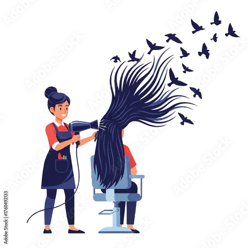 A hairdresser uses a hair dryer on a client whose long dark hair transforms into a flock of birds flying away.