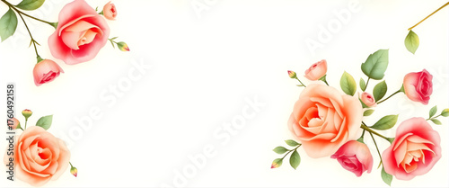 A delicate watercolor floral corner border featuring magenta and peach roses with soft greenery, arranged diagonally on warm ivory paper with a softly glowing middle area.