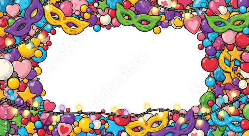 Colorful cartoon frame with masks, hearts, stars, beads, and string lights surrounding a white rectangular space.