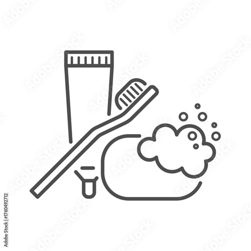 Dental hygiene flat line icon. Vector outline pictogram of toothbrush with toothpaste tube, soap foam, and water droplets. Daily oral cleaning, dental care, and personal hygiene maintenance.
