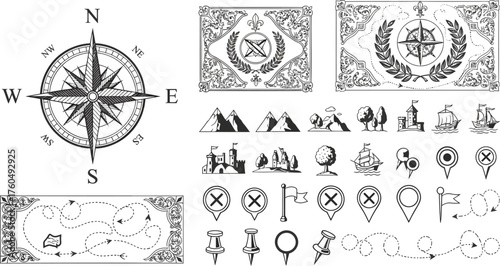 Vintage Map Elements and Navigation Icons