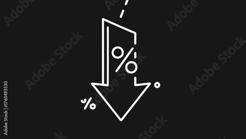 White Arrow Icon with Percent Symbol Falling Down on Black