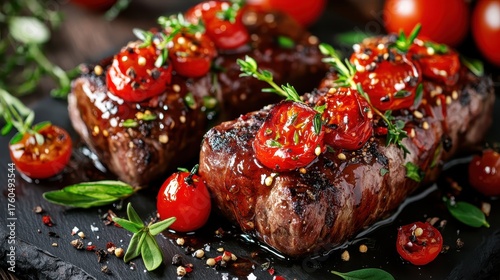 Grilled Steak with Cherry Tomatoes and Herb Garnishes