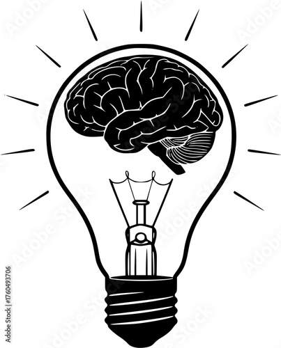 Black and white line art icon of a light bulb with a human brain inside, representing an idea or innovation.