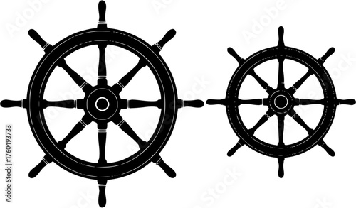 Two ship wheel black silhouette icon vector for maritime or nautical designs