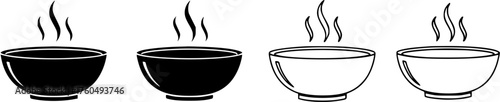 Steaming bowl silhouette and outline icon set for food and drink themes.