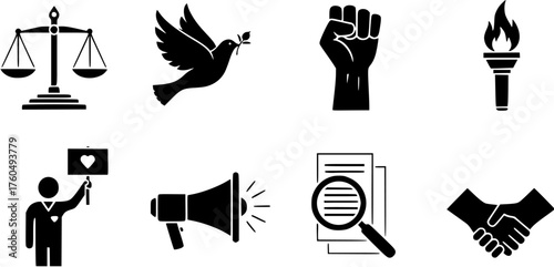 Social justice black glyph icons set representing peace, legal equality, protest and agreement.