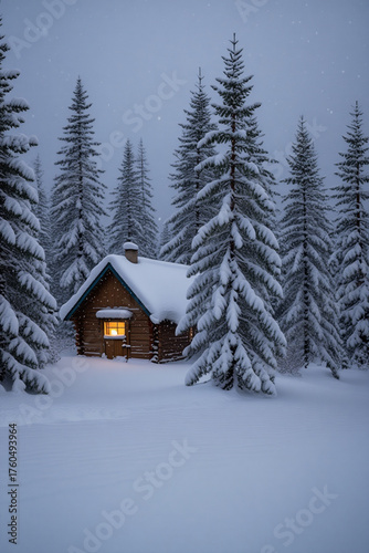 Winter-forest snowfall digital-art, serene winter-wonderland scene.