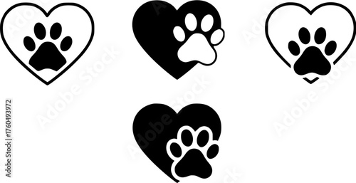 Heart and paw print black silhouette vector icon set for animal adoption or pet love themes