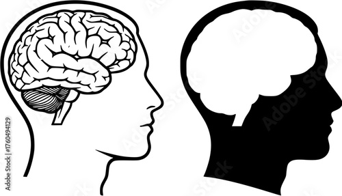 Human brain line and silhouette illustration showing thinking process and contrast.