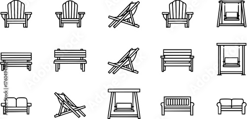 Outdoor furniture line icon set representing different types of chairs, benches, swings, and lounge chairs for gardens or patios.