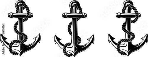 Set of three monochrome retro anchor illustrations with rope in vintage style.