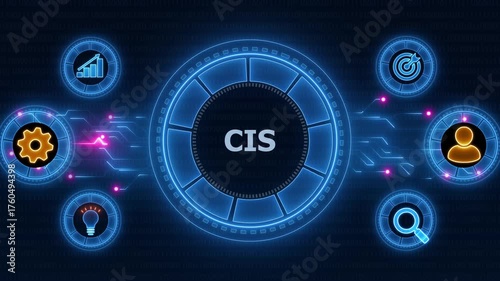 CIS concept with global network and business icons.Neon line Animated circuit board. Digital technology background.