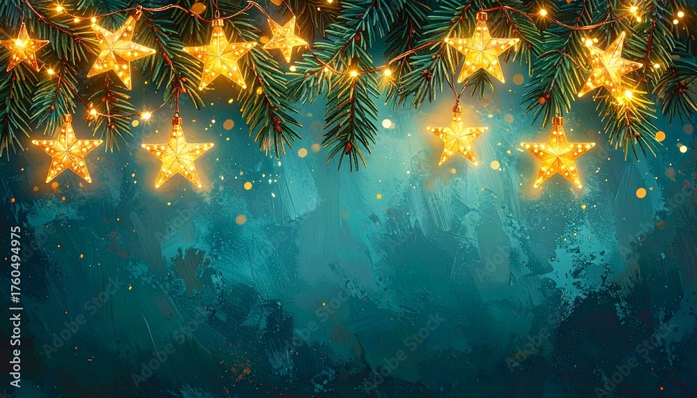 Fototapeta premium Christmas background with glowing star lights, fir branches, and festive bokeh on a dark blue textured backdrop, perfect for holiday greetings and designs.
