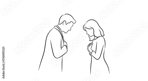 Elegant line art illustration of a man and woman bowing in a gesture of respect or apology