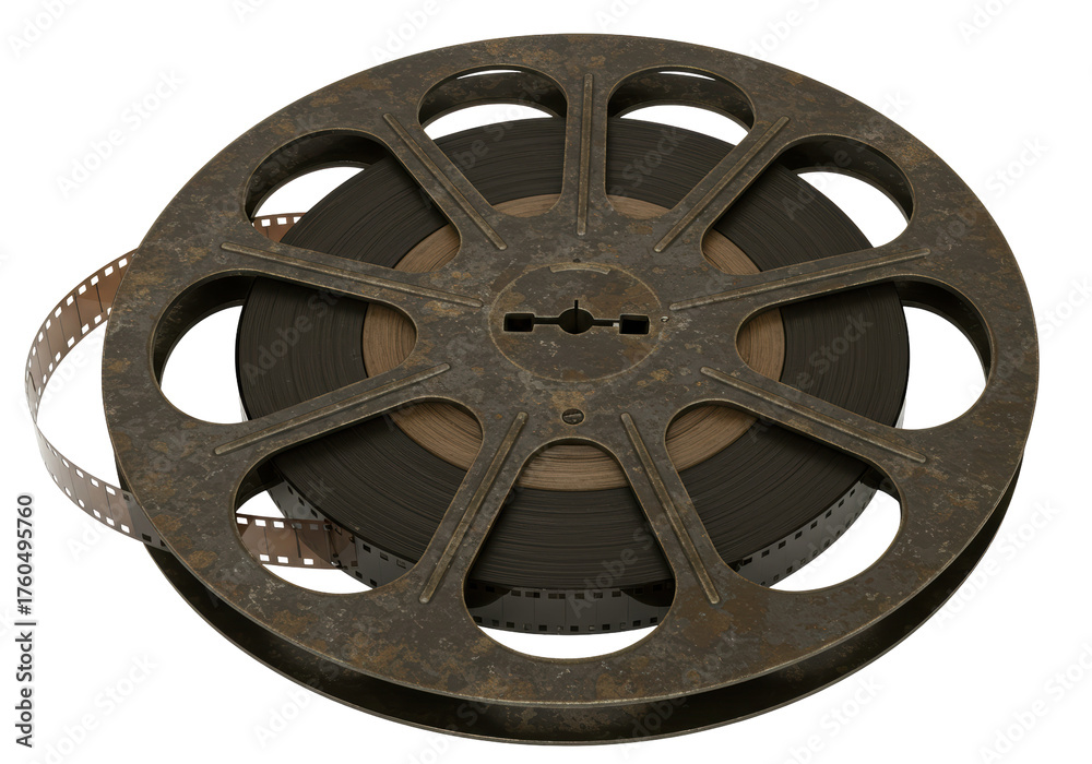 Obraz premium Isolated antique rusted film reel, metal and celluloid material for motion picture film archive