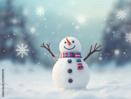 Happy-snowman in a winter-wonderland with blue sky.
