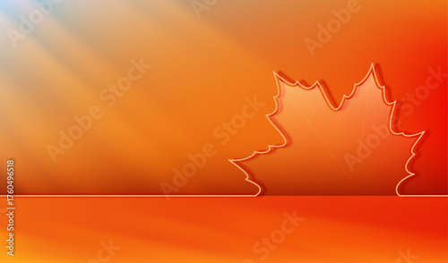 Autumn studio in orange and red tones with a maple leaf and sunbeams with shadows. A podium for showcasing your product. Vector 3D illustration.