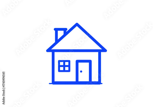 Isolated blue line art drawing of a simple house for real estate and home ownership themes
