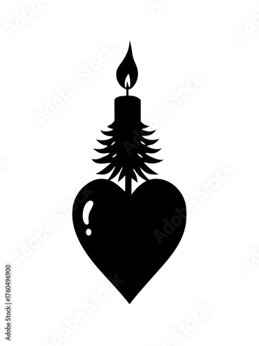 Silhouette vector illustration of a christmas candle flame merging with a heart icon