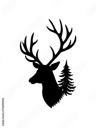 Silhouette of a majestic reindeer head with impressive antlers merging with a pine tree branch vector illustration