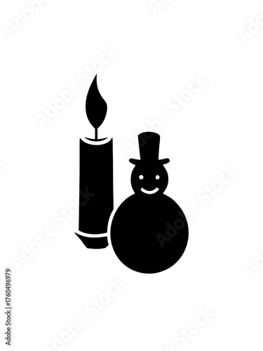 Silhouette of a lit candle merging with a cheerful snowman icon for winter holidays