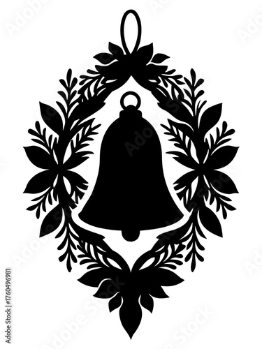 Elegant silhouette christmas ornament featuring bell and festive wreath vector illustration