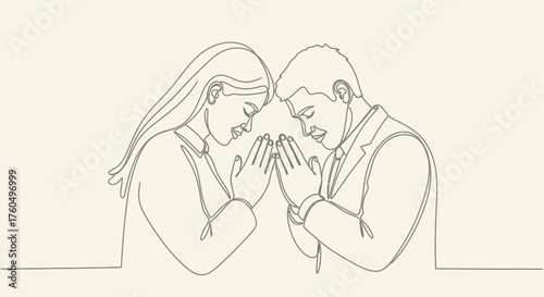 Continuous line drawing of business colleagues praying, seeking guidance together, minimalist